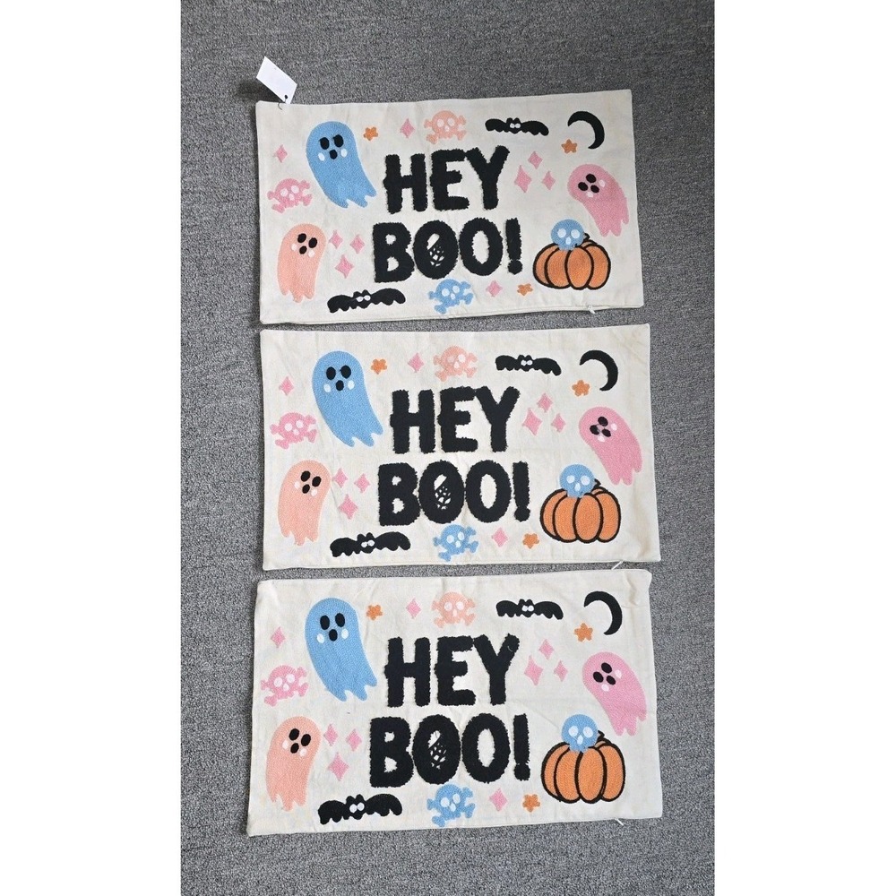 Halloween Pastel "Hey Boo" Ghost Pillow Cases Embroidered Lot Of 3